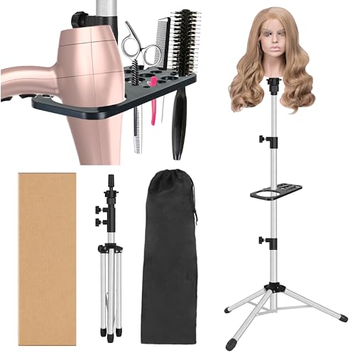 ZQIAN BEAUTY Wig Stand Tripod 50 Inch Metal Wig Mannequin Head Tripod Stand For Hairdressing Training Head Adjustable Wig Tripod Stand with Tool Tray (Silvery, Mannequin Head Not Included) - color: Silvery, size: 50 Inch