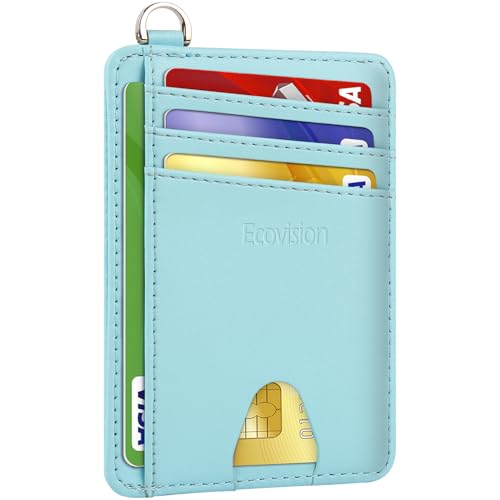 Slim Minimalist Front Pocket Wallet, RFID Blocking Credit Card Holder Wallet with Integrated D-Shackle for Men Women - color: Cowhide Fresh Blue