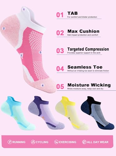 Trusiel Ankle Compression Socks for Women Running Moisture Wicking 5 Pairs - color: Pink Blue Yellow Navy Purple, size: 9.5-12