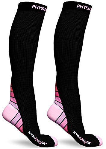 Physix Gear Compression Socks 20-30 mmHg - Men & Women - Running, Nurses, Shin Splints, Flight, Travel - color: Black/Pink, size: Large/X-Large