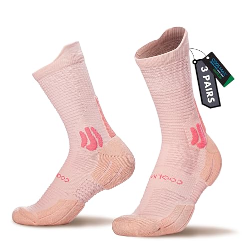 BRISIRA Coolmax Bamboo Viscose Compression Running Socks Crew Mid Calf - color: 3 Pairs Pink, size: 6-9