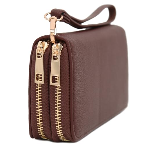 FashionPuzzle Double Zip Around PU Leather Wristlet Cell Phone Wallet - color: Coffee