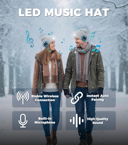HEYAXA Bluetooth Beanie Hat, USB Rechargeable 4 LED Wireless Music Running Headlamp Cap, Dad Gifts for Husband, Dad, Birthday Gifts for Men, Dad, Father, Women, Him, Her, Grey - color: Gray
