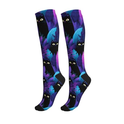 Cute Compression Socks Knee High Support Stockings Women Men - color: Black Cats Purple