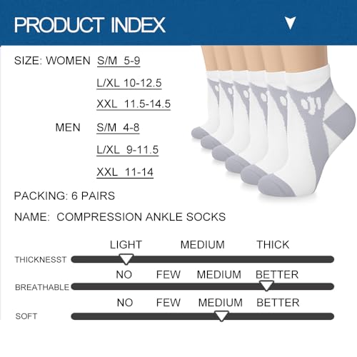 Sooverki Copper Compression Socks Women and Men 6 Pairs - Circulation Arch Support Plantar Fasciitis Running Ankle Socks - color: A3 - B - 6 Gray White, size: Small-Medium