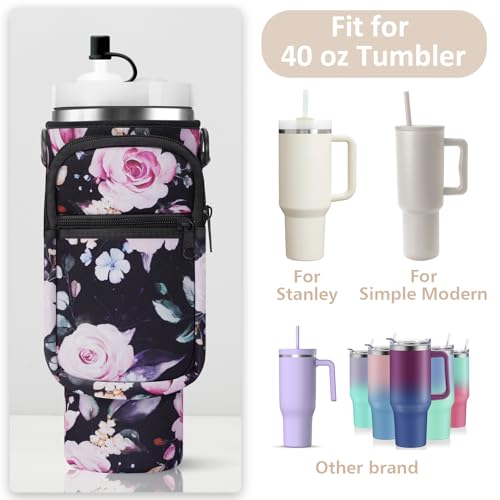 AceTreker Water Bottle Carrier Bag with Strap for Stanley 40/30 oz Tumbler Neoprene Insulated Cup Holder Sleeve with Phone Pocket & Straw Cover for Stanley Cup Accessories - color: 02-Black Flower, style: 40 Oz