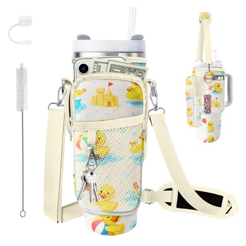 Water Bottle Carrier Bag for Stanley Cup 40oz/30oz with Phone Pocket, Neoprene Water Bottle Holder with Adjustable Shoulder & Handle Strap, Stanley Cup Accessories for Walking Travel Gym - color: Duck