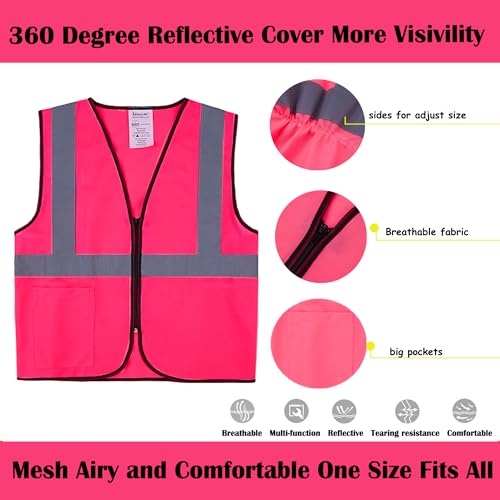 Pink Safety Vests 10 Pack - Reflective High Visibility Construction ANSI Class 2 Work Vests for Men,Woman with Zipper,Hi Vis Mesh and Neon Silver - color: Pink