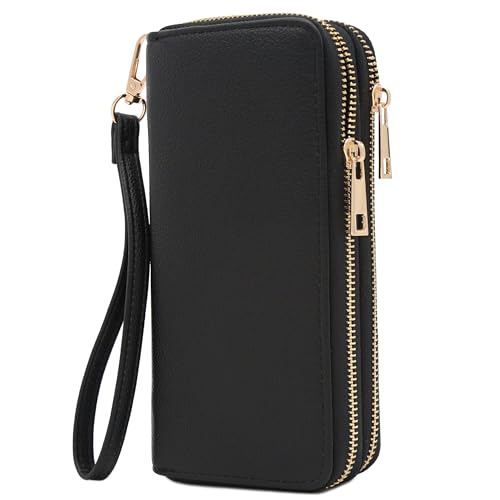 FashionPuzzle Double Zip Around PU Leather Wristlet Cell Phone Wallet - color: Black