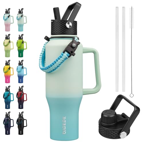 BJPKPK 35oz Insulated Water Bottle with Handle & Straw Lid, Stainless Steel - color: Mint, style: 35oz-Side Handle