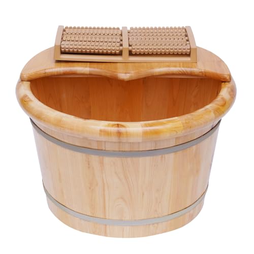 Wooden Foot Bath Bucket Foot Soaking Bath Basin with Lid Wood Footbath Barrel with Massage Roller Pedicure Barrel for Spa, Massage, Sauna 12.2 * 9.84in (Log Color) - color: Log Color