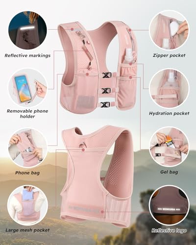 MOKURA Running Vest for Women Men with 500ML Soft Flask & Phone Holder - color: Pink, size: Large