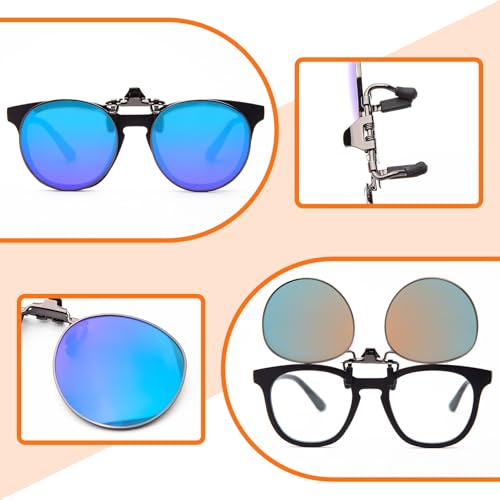 JO Polarized Clip-On Sunglasses UV400 Anti-Glare Lenses with Metal Frame Round - color: Blue, size: 50 mm