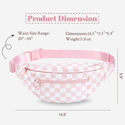 Crossbody Fanny Pack for Women Pink Checkered Bag with 4-Zipper Pockets - color: Checkered-Light Pink, size: Large