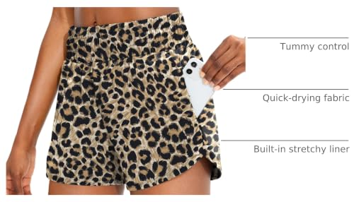 SANTINY Women's Athletic Running Shorts with Zipper Pockets - color: Brown Leopard, size: X-Small