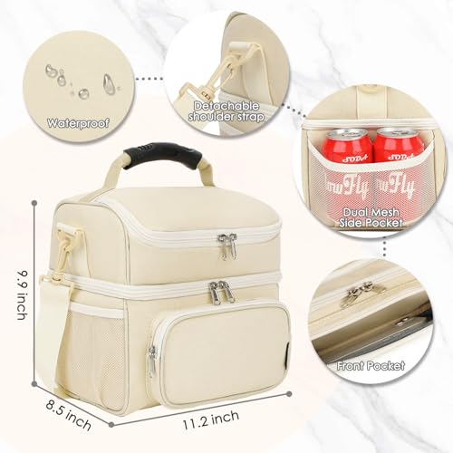 FlowFly Double Layer Cooler Insulated Lunch Bag Adult Lunch Box Large Tote Bag for Men, Women, With Adjustable Strap,Front Pocket and Dual Large Mesh Side Pockets - color: Biege