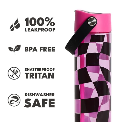 Elemental Splash 26oz Tritan Plastic Reusable Water Bottle w/Straw & Strap - color: Pink Checkers, size: 26 Ounces