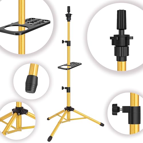 ZQIAN BEAUTY Wig Stand Tripod 50 Inch Metal Wig Mannequin Head Tripod Stand For Hairdressing Training Head Adjustable Wig Tripod Stand with Tool Tray (Golden, Mannequin Head Not Included) - color: Golden, size: 50 Inch