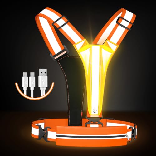 LED Reflective Vest Running Gear Set,USB Rechargeable Light Up Running Vest for Runners Night Walking with Waterproof Phone Bag,High Visibility Armband,Adjustable Waist&Shoulder for Men Women - color: Orange