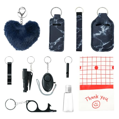 10PCS Accessories Keychain Set for Women with Safety Alarm Key Chain,Whistle and Wristlet KeyChain Set - color: Black