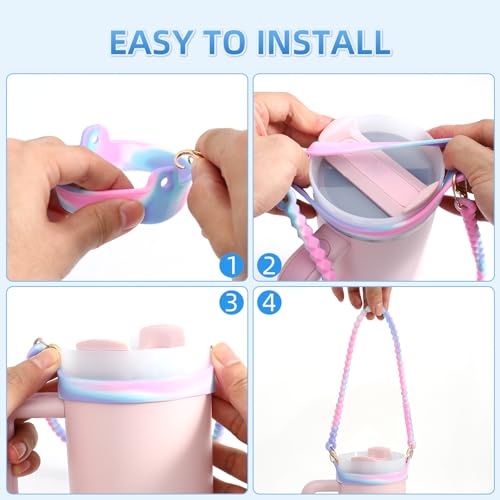 2Pack Water Bottle Handle - Soft Silicone Holder, Sling, Lanyard Fits Most 8-40oz Bottles, Compatible Stanley Cup - color: Pink+Carnation