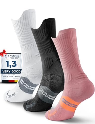 Juclise Women's Compression Crew Running & Hiking Socks, 3 Pairs, Cushioned - color: Classic Black+glacier White+dusty Pink, size: Small