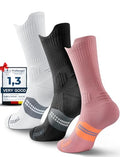 Juclise Women's Compression Crew Running & Hiking Socks, 3 Pairs, Cushioned - color: Classic Black+glacier White+dusty Pink, size: Large