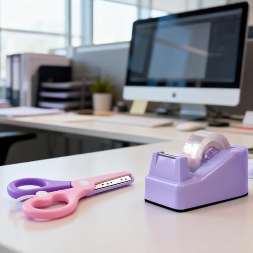 XEUZK Desktop Tape Dispenser Kits with Weighted Nonskid Base Tape Dispenser- Includes 9 Rolls of Transparent Tape(0.71 Inch x 500 inches Each) & Pink Scissors, 2 Pcs Tweezers (Purple) - color: Purple