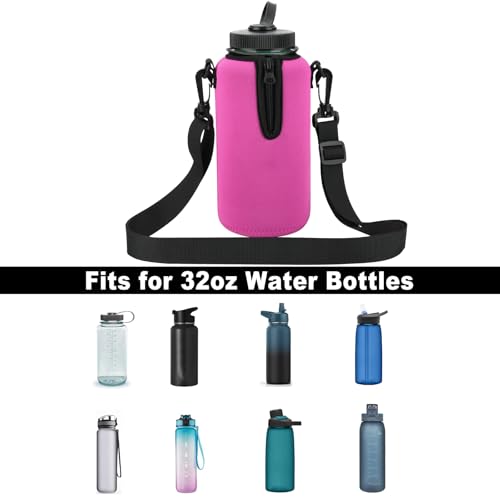 Beautyflier Neoprene Water Bottle Sleeve Insulator Cooler, Compatible with Nalgene Water Bottle 32 OZ, with Adjustable Shoulder Strap for Hydro Flask Wide Mouth 32oz, etc. (Hot Pink) - color: Hot Pink