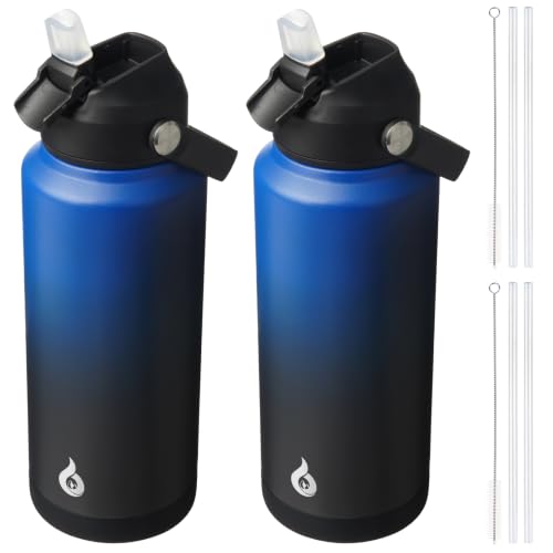 BJPKPK 2 Pack 32oz Insulated Water Bottles with Straw Lids, Stainless Steel - color: 2 X Black Blue, size: 32 Ounces
