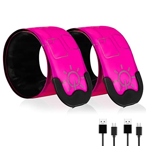 LED Safety Wristband Lights - Rechargeable Light Up Arm Ankle Band Kids Magic Slap Glow Bracelets Reflective Belt High Visibility for Night Cycling Walking Joggers Running Gear - color: Pink