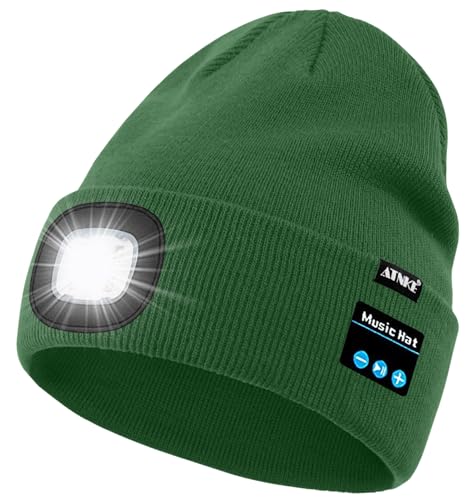 ATNKE LED Lighted Bluetooth Beanie Hat,USB Rechargeable 4 LED Wireless Music Running Headlamp Cap Gift for Men and Women - color: #Green
