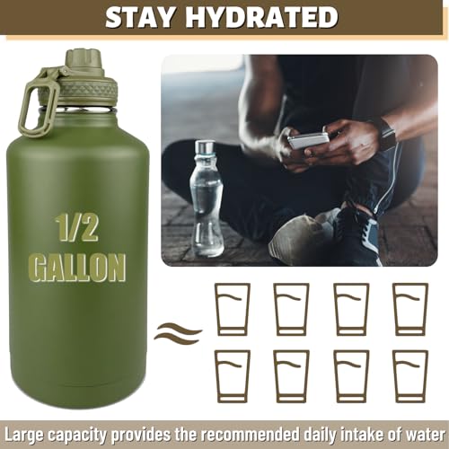 DEFUNX Half Gallon Water Bottle with Sleeve - 64 Oz Insulated Water Jug with Handle - Green Stainless Steel Sports Water Bottle for Gym Workout Hiking Tactical Bottle Holder with Pouch Camo - color: Green Bottle with CP Camo Sleeve, style: 64 Oz Water Bot