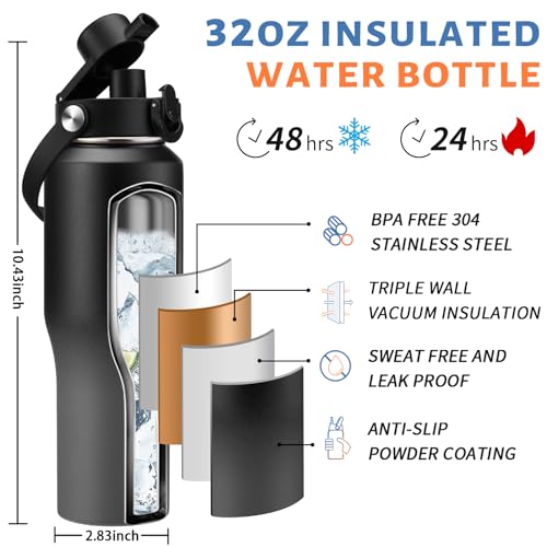32oz Insulated Water Bottle with Carrier Bag, Fit Car Cup Holder Travel Mug - color: Shadow, size: 32 Ounces