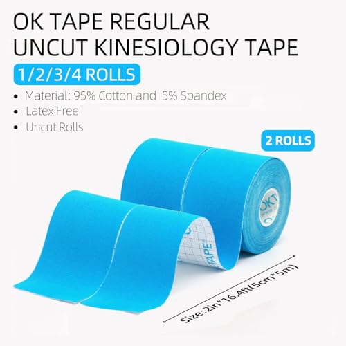 OK TAPE Kinesiology Tape (2 Pack) Latex Free Cotton Uncut 2in x 16.4ft - color: Light Blue, size: 2 Rolls