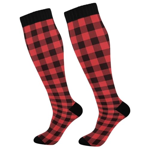 JUNZAN Buffalo Plaid Red Black Knee High Socks Compression Socks for Women Men Kid for Running Sports Nurse - color: Buffalo Plaid Red Black