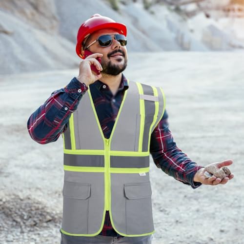 High Visibility Reflective Safety Vest with Zipper and Pockets Grey,M - color: Grey, size: Medium