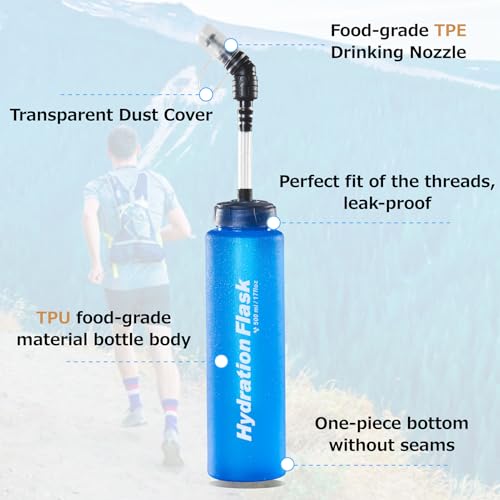 Azarxis TPU Soft Flask Collapsible Water Bottles BPA-Free 250ml 350ml 500ml for Hydration Vest Pack Running Hiking Cycling Climbing - color: Blue 500ml / 16.9oz with Fast-flow Straw - 2 Pack