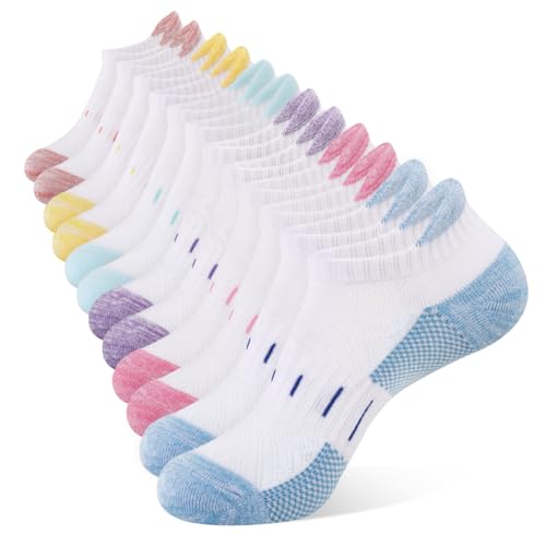 YOJOOM Women Athletic Ankle Socks 6 Pairs, Cushioned Arch Support Running Low Cut Socks, Breathable Mesh Non Slip - color: White, size: 5-8
