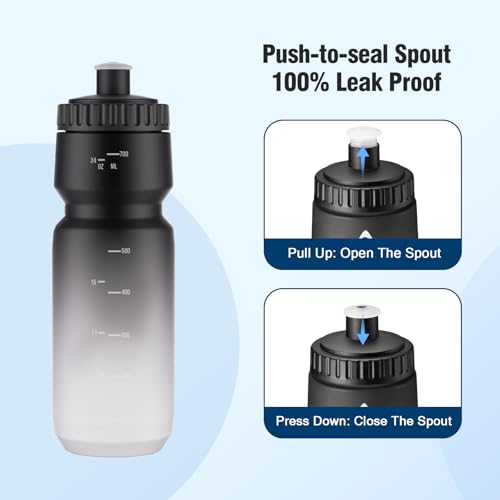 SLUXKE Squeeze Water Bottle 24oz, 2Pack Bike Water Bottle Leak Proof BPA Free for All Fitness and Cycling Fast Flow Valve - color: Gray White & Black, size: 24 Ounces