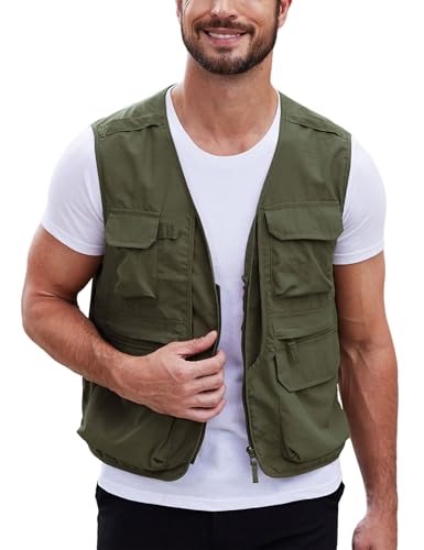 Gihuo Mens Fishing vest for Safari Utility Cargo with Pockets - color: Armygreen, size: Small