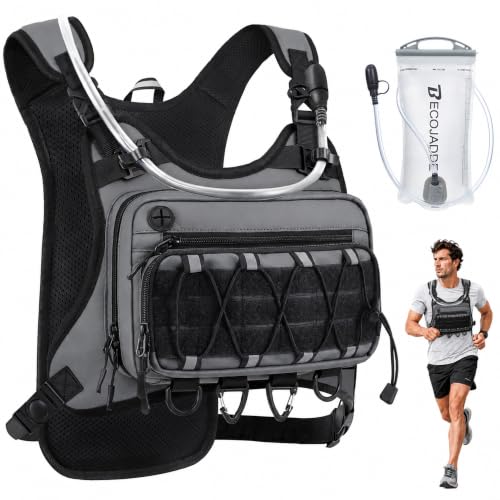 BECOJADDE Running Vest for Men with 2L Water Bladder Tactical Hydration Backpack Adjustable Lightweight Chest Pack for Marathon Hunting Cycling - color: Gray