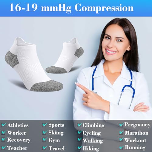 Gonii Womens Compression Ankle Socks，Athletic Running Cushioned Support Low Cut Socks 5-6 Pairs - color: White, size: 8-10