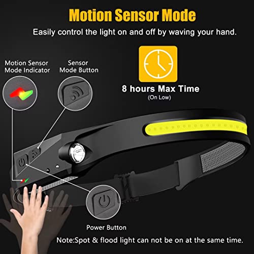 Headlamp Rechargeable, 230° Wide Beam Head Lamp LED with Motion Sensor for Adults - Camping Accessories Gear, Waterproof Head Light Flashlight for Hiking, Running, Repairing, Fishing, Cycling - size: 1 Pack