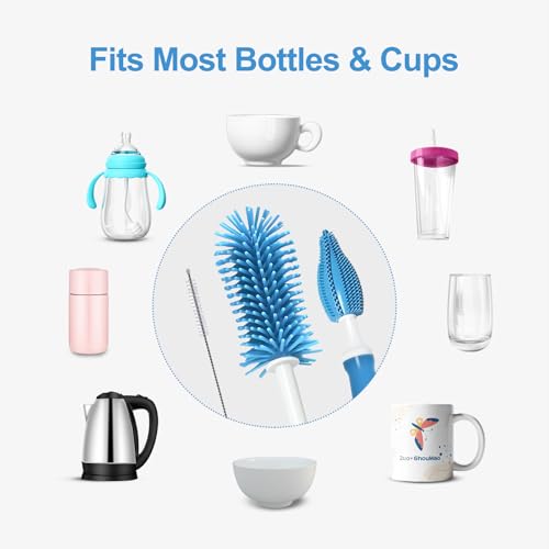 Bottle Brush Set 3-in-1, Including Long Handle Silicone Bottle Brush, Detail Cleaner, Straw Brush, Non Scratch Cleaning Brushes for Water Bottles, Tumblers and Glass (Blue) - color: Blue
