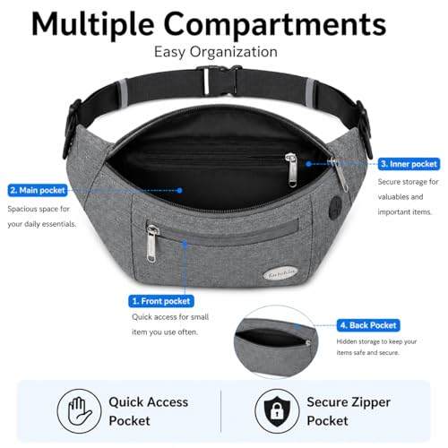Entchin Water-Resistant Fanny Pack, 4-Zipper Belt Bag - color: Grey
