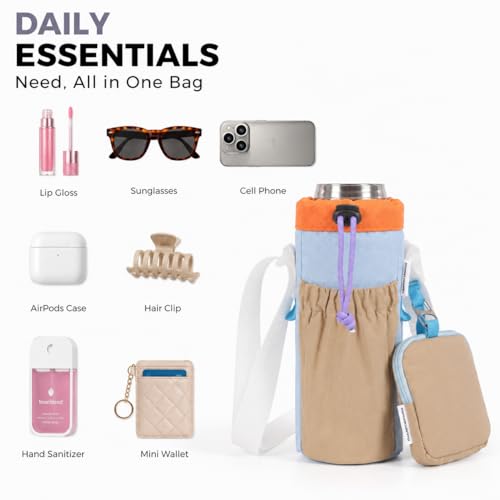 Water Bottle Holder with Strap Fits 16-24oz Bottle, Water Bottle Carrier with Earphone Bag, Hands-Free Crossbody Bottle Bag for Dog Walking, Travel, Hiking & Everyday Use - color: Blue