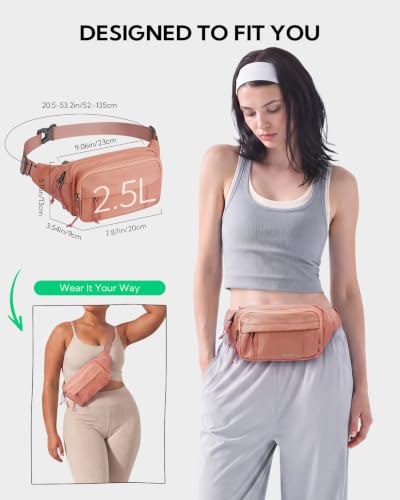 WATERFLY Fanny Pack Waist Bag: 2.5L Large 5 Zipper Pockets for Women Men - color: Pink