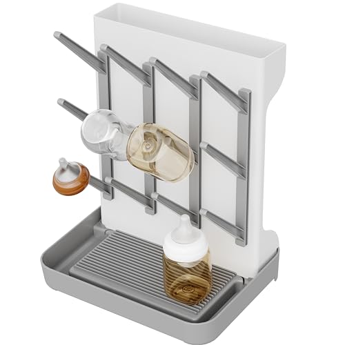 IEEK Baby Bottle Drying Rack,Large Vertical Drying Tower Bottle Rack Holder Space Saving Standing Drying Rack for Countertop-Holds 12 Baby Bottles and Cup,Etachable Travel Bottle Rack,Grey and White - size: Desktop bottle drying rack