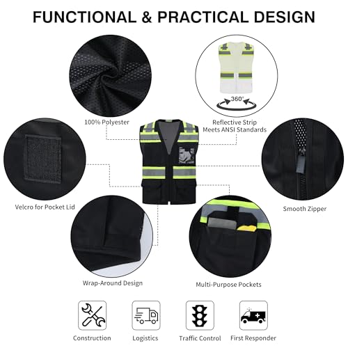 Gasoline Class 2 High Visibility Reflective Safety Vests Women & Men - color: Black - Black, size: Large